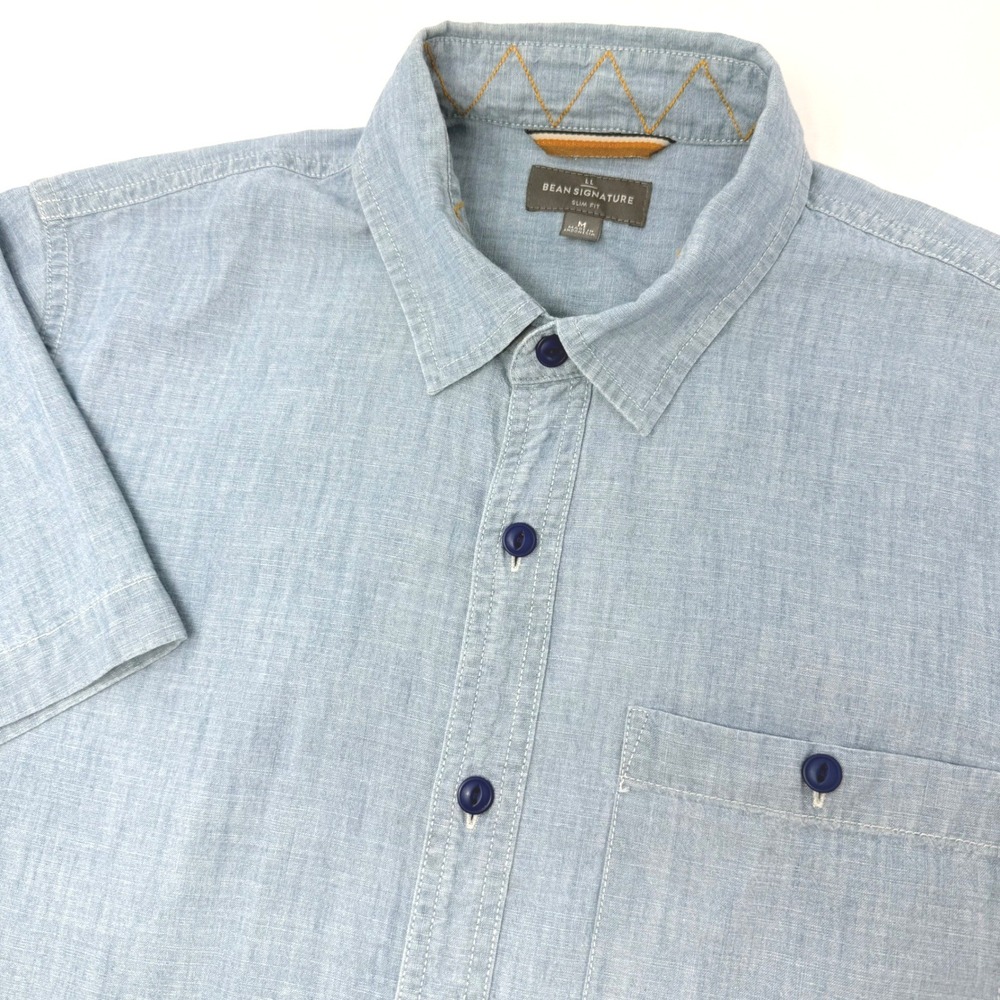 LL Bean Signature Mens Medium Slim Fit Short Sleeve Button Down Shirt Blue